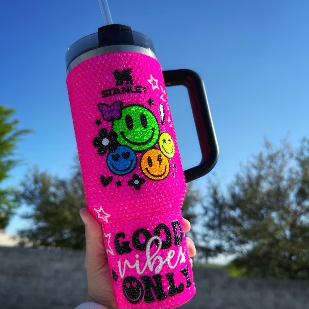 STUNNING Electric Pink Neon Bedazzled Stanley Quencher - Custom Tumbler